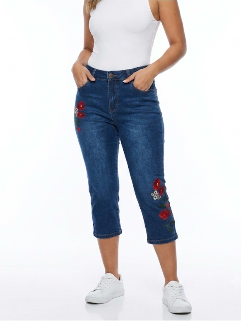 Embroidered Dark Blue Cropped Jeans for Women